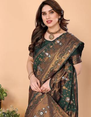 Green silk blend banarasi saree with unstitched blouse piece 4