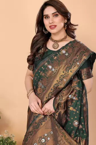 Green silk blend banarasi saree with unstitched blouse piece
