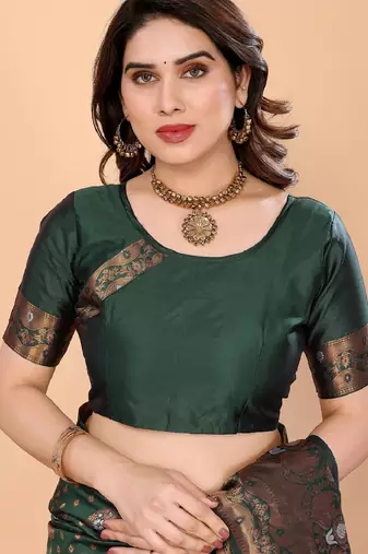 Green silk blend banarasi saree with unstitched blouse piece