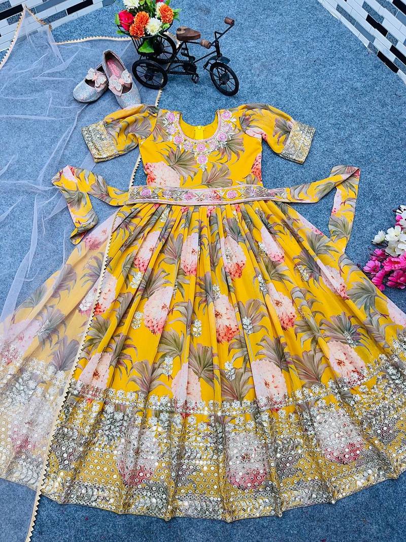  Yellow digital print gown with embroidered sequins