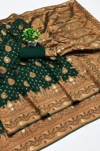 Green soft silk blend banarasi jacuard work designer party wear saree with unstitched blouse piece