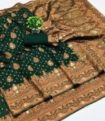 Green silk blend banarasi saree with unstitched blouse piece