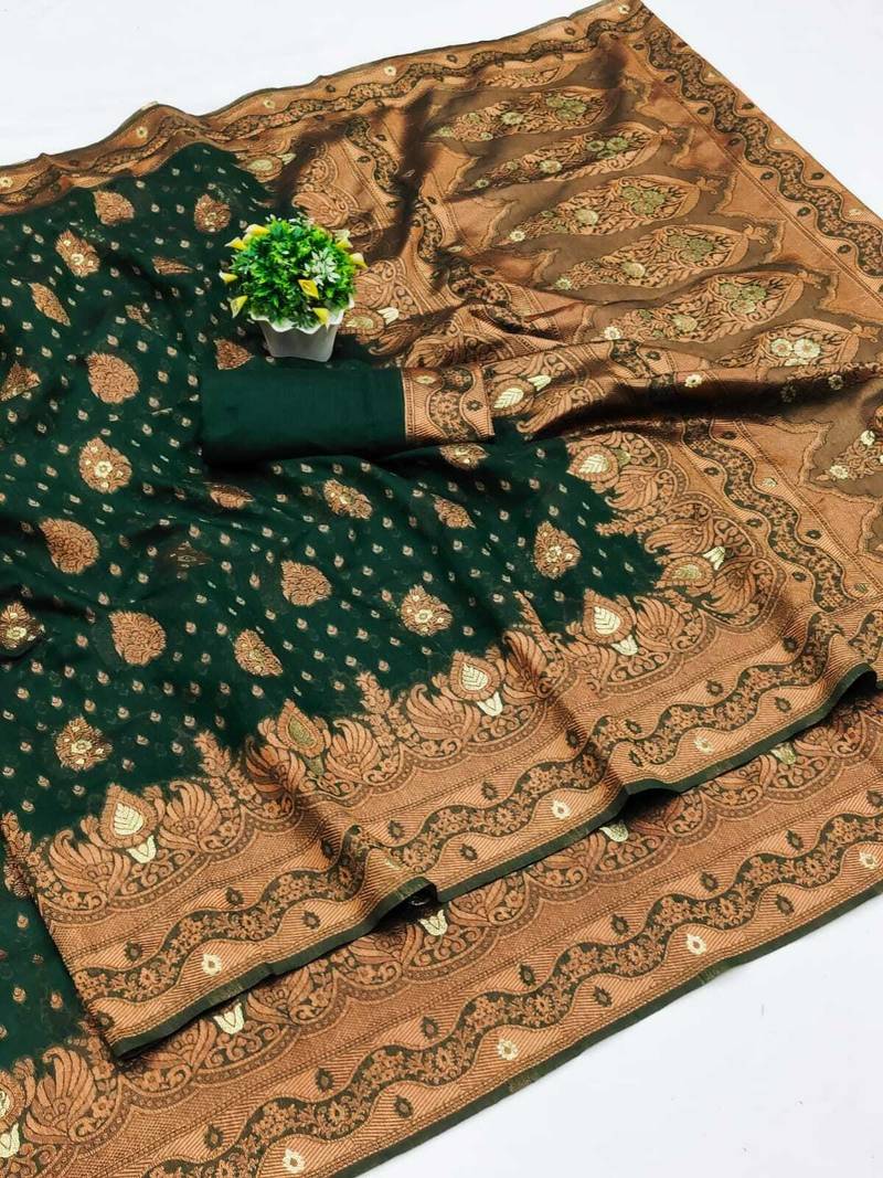 Green soft silk blend banarasi jacuard work designer party wear saree with unstitched blouse piece