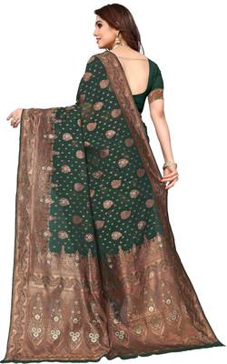 Green silk blend banarasi saree with unstitched blouse piece 2