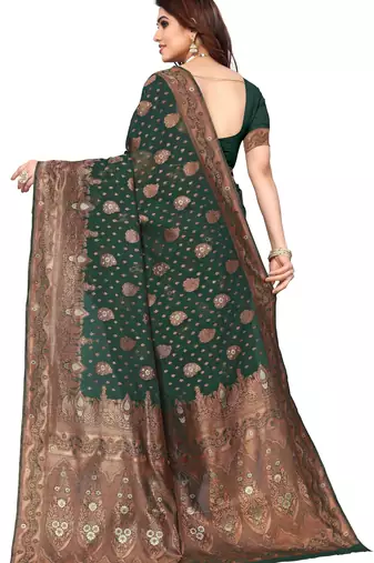 Green silk blend banarasi saree with unstitched blouse piece
