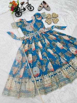 Sky Blue Digital Print Gown With Embroidered Sequins  7