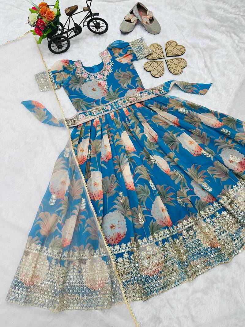 Sky Blue Digital Print Gown With Embroidered Sequins 