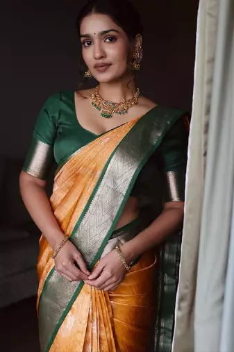 Yellow green silk blend banarasi saree with unstitched blouse piece