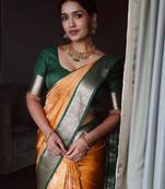 Yellow green silk blend banarasi saree with unstitched blouse piece