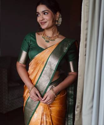 Yellow green silk blend banarasi saree with unstitched blouse piece 2
