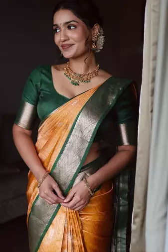 Yellow green silk blend banarasi saree with unstitched blouse piece