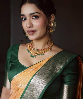 Yellow green silk blend banarasi saree with unstitched blouse piece 3