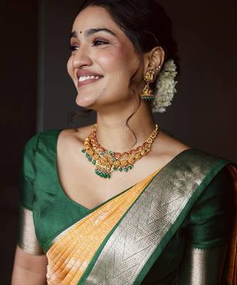 Yellow green silk blend banarasi saree with unstitched blouse piece 4