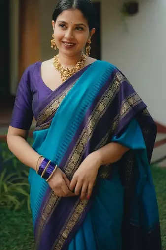 Sky blue silk blend banarasi saree with unstitched blouse piece