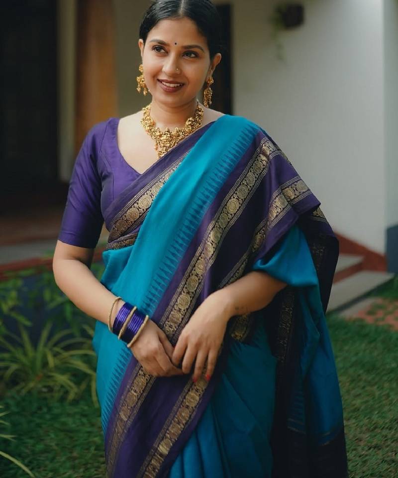 Sky blue soft silk blend banarasi jacuard work designer party wear saree with unstitched blouse piece