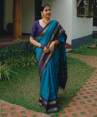 Sky blue silk blend banarasi saree with unstitched blouse piece 2