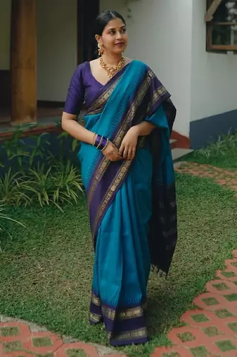 Sky blue silk blend banarasi saree with unstitched blouse piece