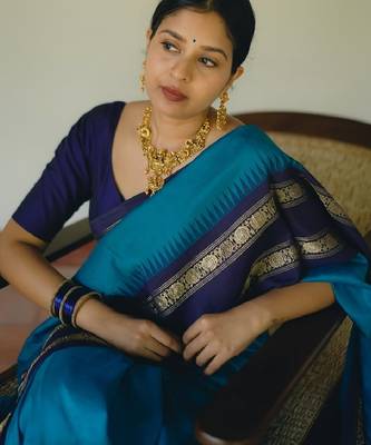 Sky blue silk blend banarasi saree with unstitched blouse piece 4