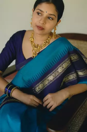 Sky blue silk blend banarasi saree with unstitched blouse piece