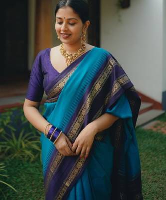 Sky blue silk blend banarasi saree with unstitched blouse piece 5