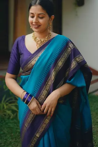 Sky blue silk blend banarasi saree with unstitched blouse piece