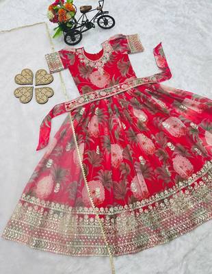 Red digital print gown with embroidered sequins 7