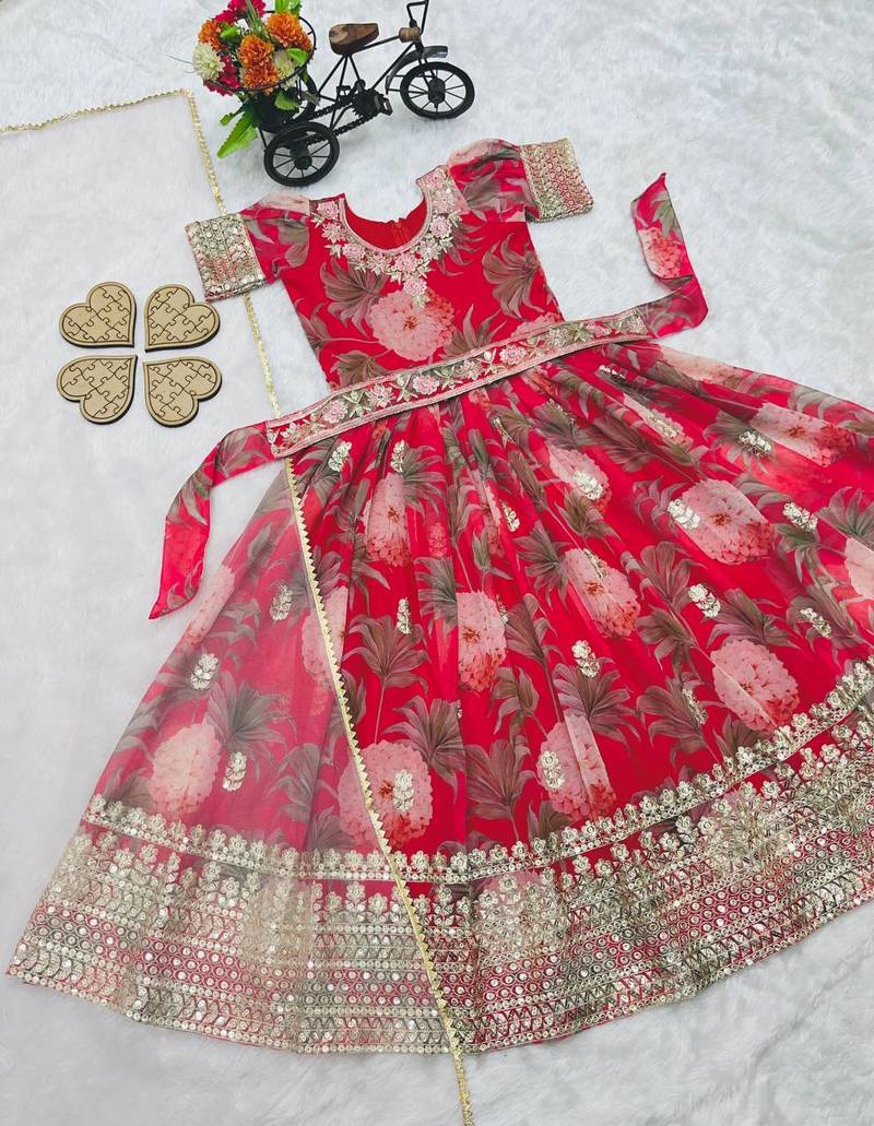 Red digital print gown with embroidered sequins