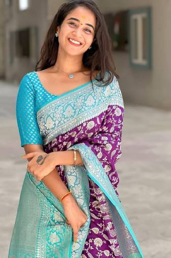 Purple soft silk blend banarasi jacuard work designer party wear saree with unstitched blouse piece