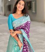Purple silk blend banarasi saree with unstitched blouse piece