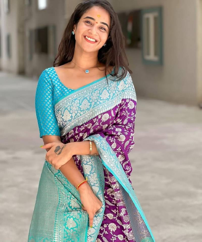 Purple soft silk blend banarasi jacuard work designer party wear saree with unstitched blouse piece