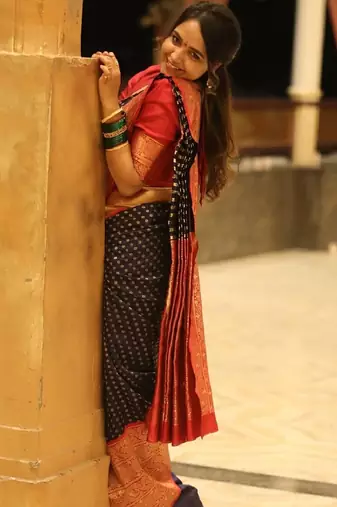 Black silk blend banarasi saree with unstitched blouse piece