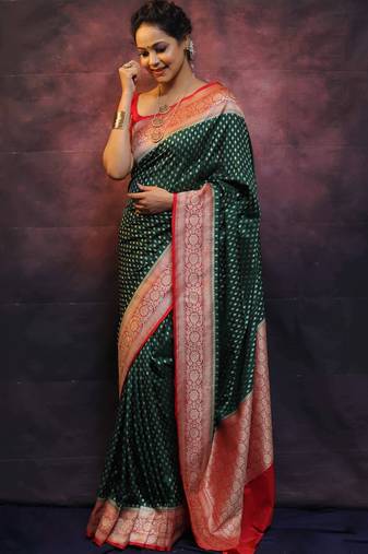 Green soft silk blend banarasi jacuard work designer party wear saree with unstitched blouse piece