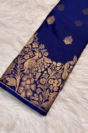 Blue silk blend banarasi saree with unstitched blouse piece