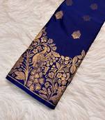 Blue silk blend banarasi saree with unstitched blouse piece