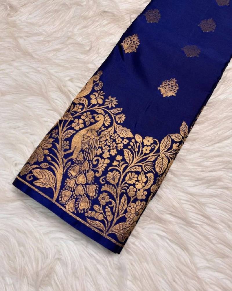 Blue soft silk blend banarasi jacuard work designer party wear saree with unstitched blouse piece