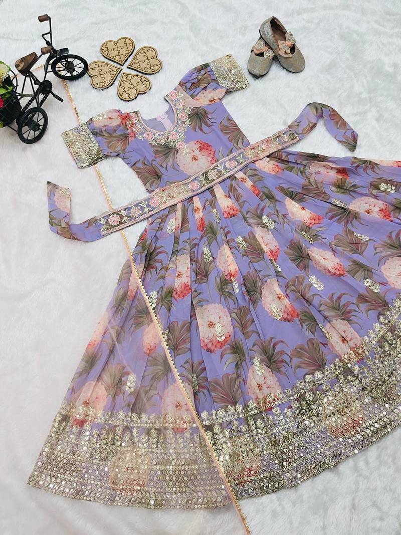  Lavender  Digital Print Gown With Embroidered Sequins 
