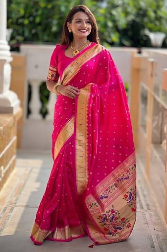 Pink soft silk blend banarasi jacuard work designer party wear saree with unstitched blouse piece