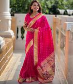 Pink silk blend banarasi saree with unstitched blouse piece