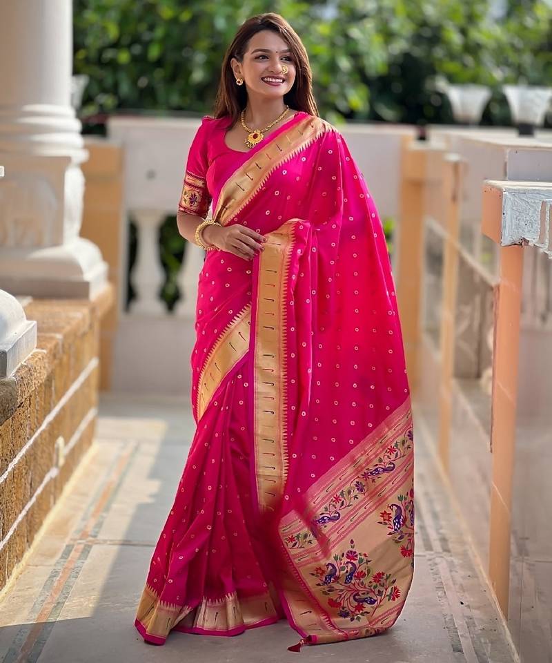 Pink soft silk blend banarasi jacuard work designer party wear saree with unstitched blouse piece