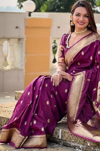 Purple silk blend banarasi saree with unstitched blouse piece