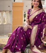 Purple silk blend banarasi saree with unstitched blouse piece