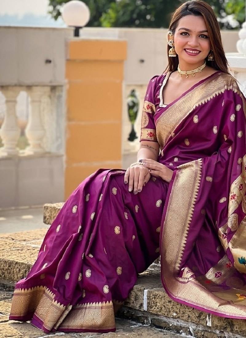 Purple soft silk blend banarasi jacuard work designer party wear saree with unstitched blouse piece