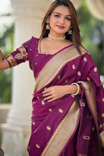 Purple silk blend banarasi saree with unstitched blouse piece
