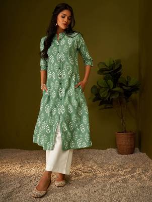 Olive green kantha print cotton a-line kurta 1