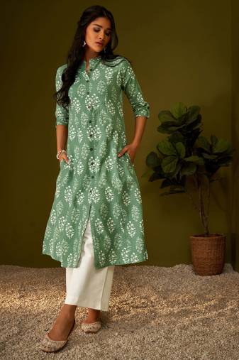 Olive green kantha print cotton a-line kurta