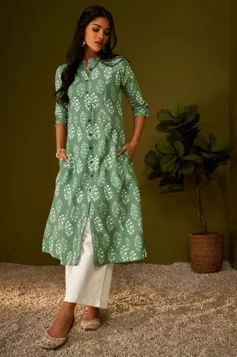 Olive green kantha print cotton a-line kurta