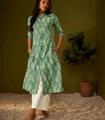 Olive green kantha print cotton a-line kurta
