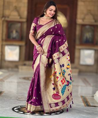 Purple silk blend banarasi saree with unstitched blouse piece 3