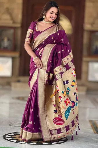 Purple silk blend banarasi saree with unstitched blouse piece