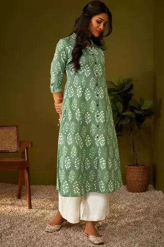 Olive green kantha print cotton a-line kurta